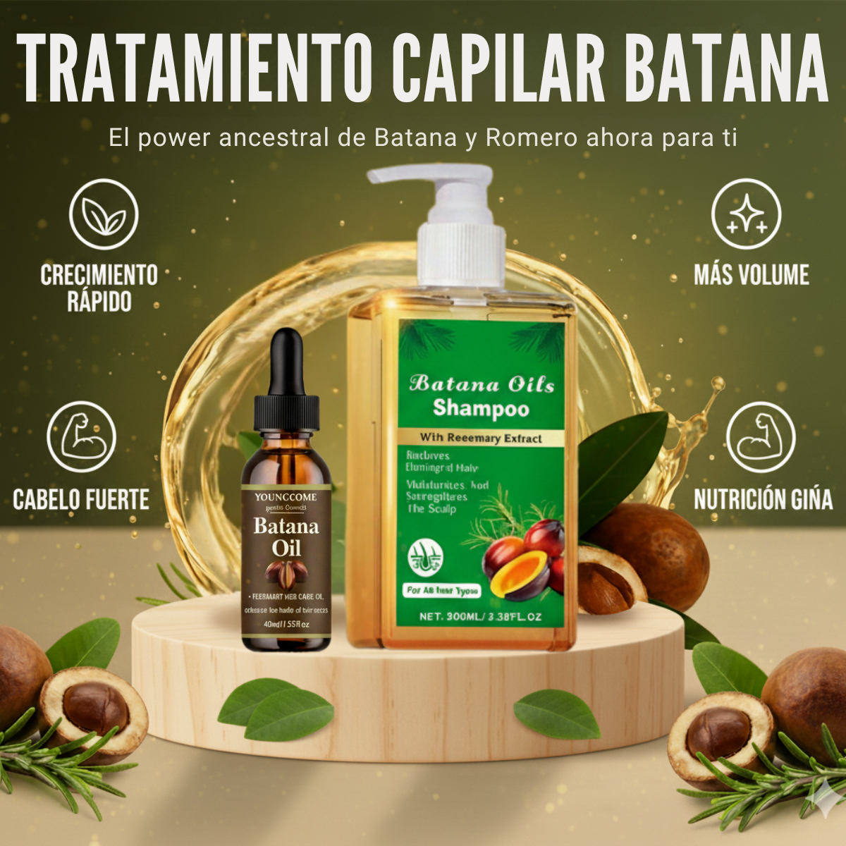 KIT 2X1 ,ACEITE DE BATANA + SHAMPO DE BATANA | Tratamiento Completo Restauracion Capilar ,100% puro romero y batana natural